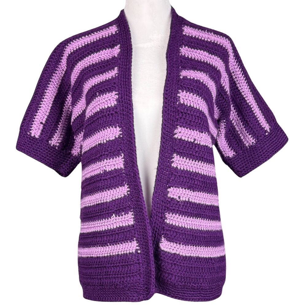 Womens Open Cardigan Sweater Hand Made Crochet Knit Stretchy Striped Purple Chic
